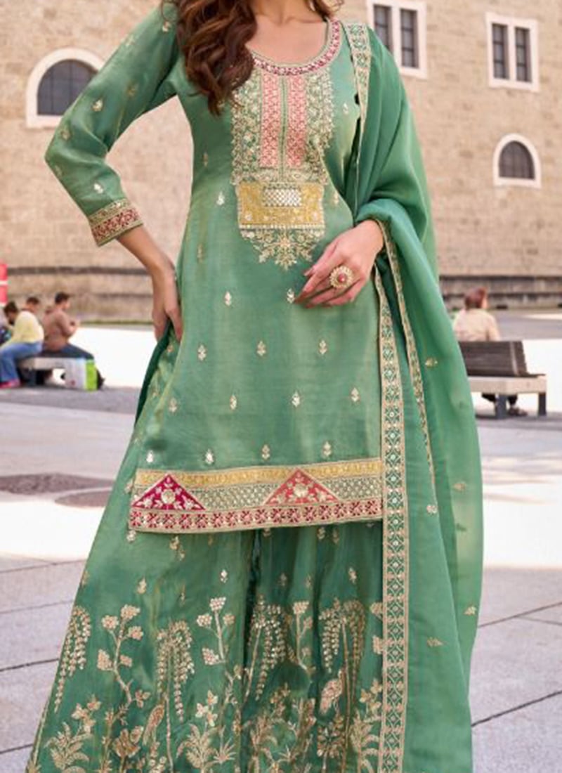 Olive Green Shimmer Salwar Suit With Kameez & Dupatta For Indian & Pakistani Wedding Festival - Dori With Thread & Sequins Embroidery Work main image 0