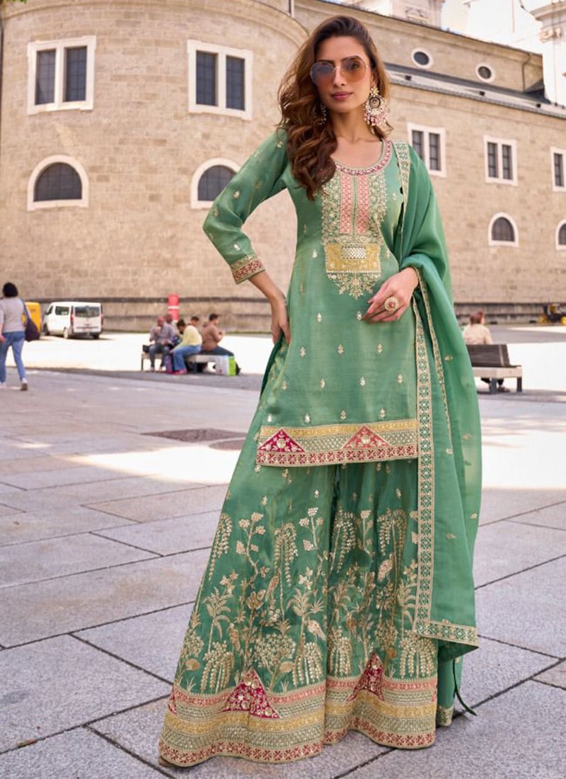 Sea Green Shimmer Silk Sequin Palazzo Suit Festive Wear