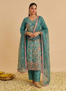 Sea Green Shimmer Silk Straight Pant Suit With Heavy Floral Embroidery