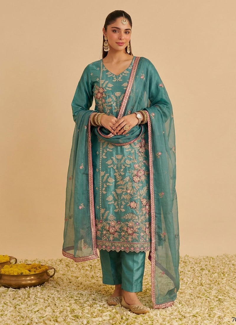 Sea Green Shimmer Silk Straight Pant Suit With Heavy Floral Embroidery After Six Wear