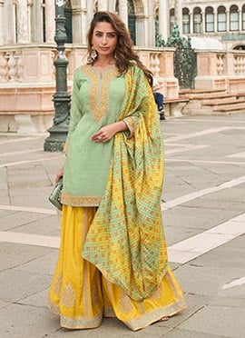 Sea Green Shimmer Silk Zari Embroidered Sequins Pakistani Palazzo Suit