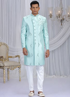 Sea Green Silk Beads Sequins Zardosi Hand Embroidered Cutdana Indowestern Sherwani Wedding Wear