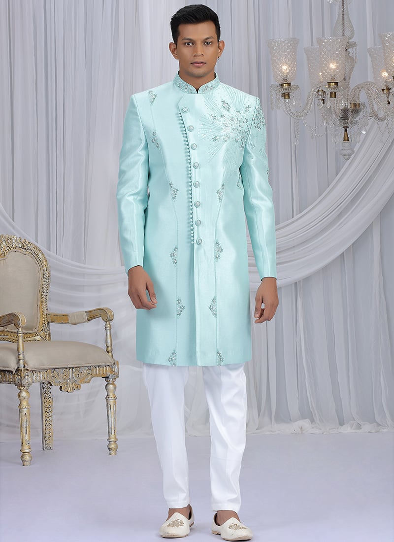 Sea Green Silk Beads Sequins Zardosi Hand Embroidered Cutdana Indowestern Sherwani Wedding Wear