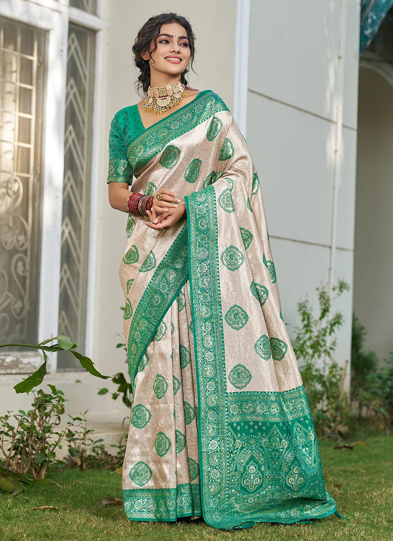 Sea Green Silk Blend Saree With Elegant Jacquard Woven Design Festive Wear