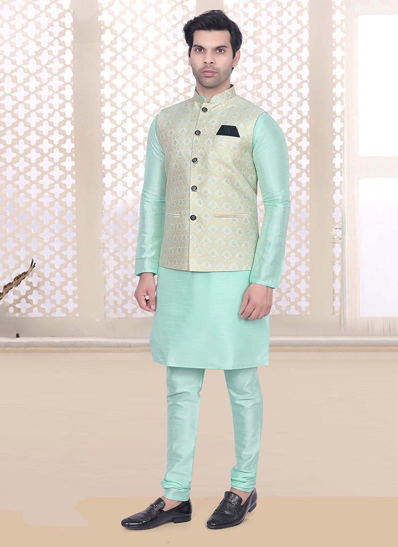 Sea Green Silk Brocade Bandhgala Jacket