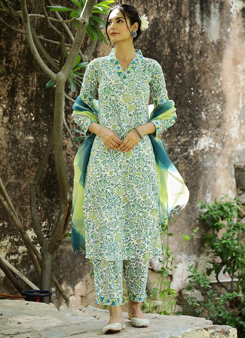 Sea Green Silk Digital Print Straight Pant Suit
