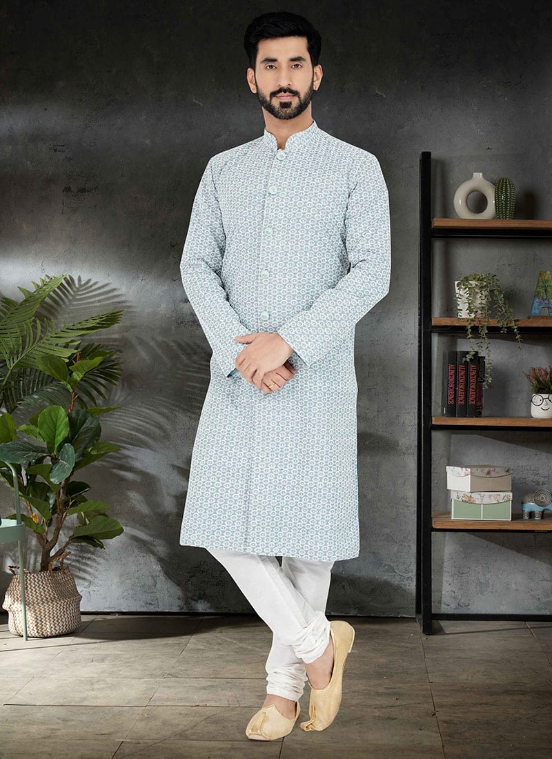 Sea Green Silk Embroidered Classic Sherwani Party Wear