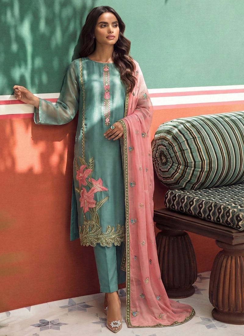 Sea Green Silk Embroidered Sequins Pakistani Straight Pant Suit Festive Wear