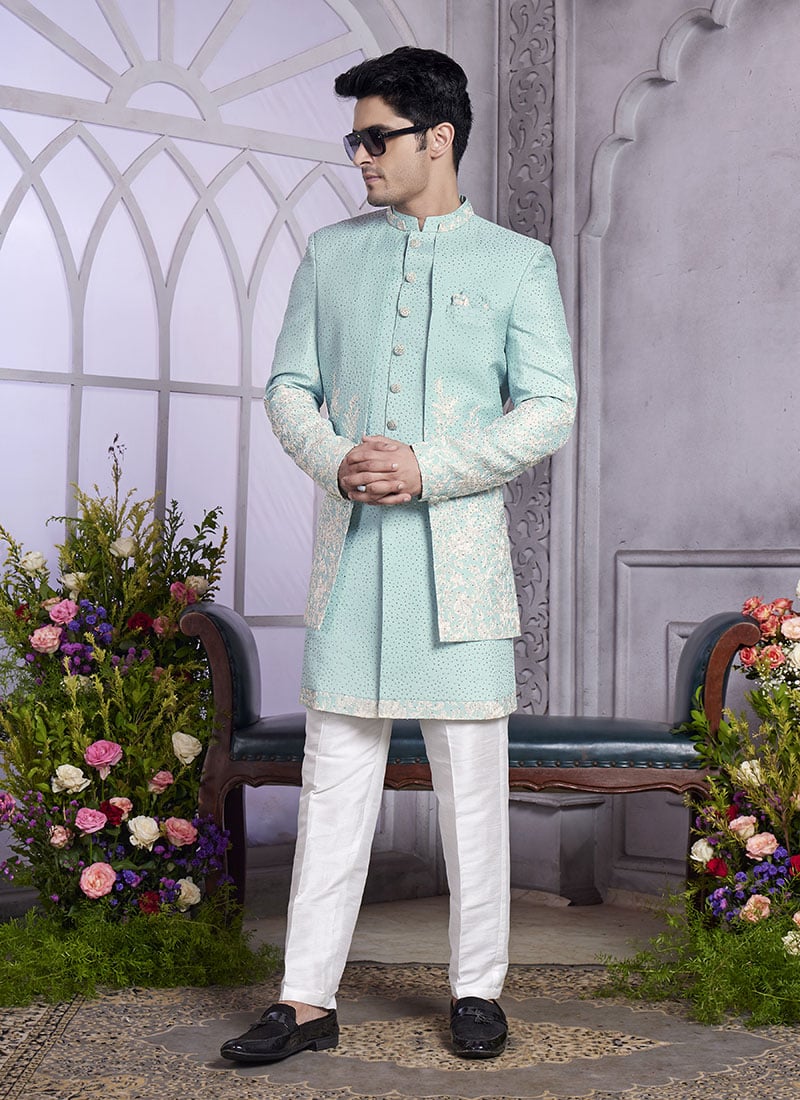 Sea Green Silk Embroidered Stone Work Jacket Style Indowestern Sherwani Wedding Wear