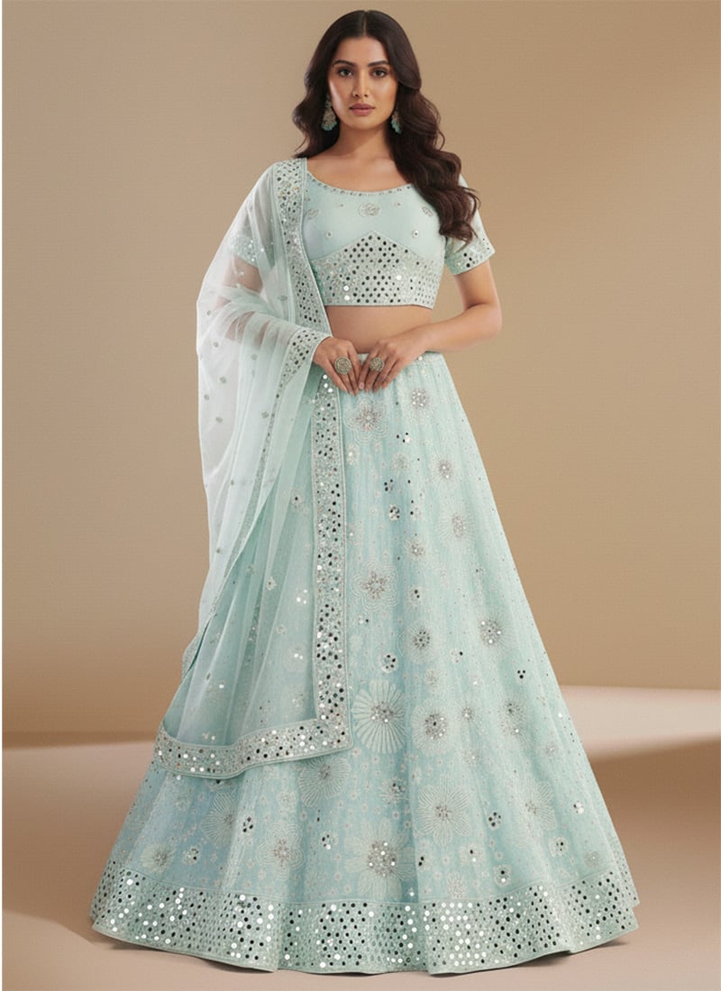 Sea Green Silk Georgette Sequins Embroidered Umbrella Lehenga Wedding Wear