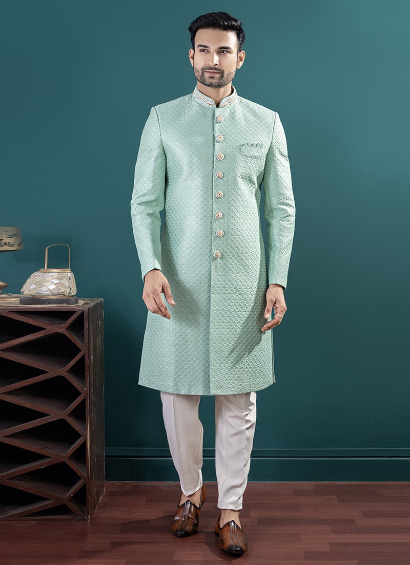Sea Green Silk Hand Embroidered Sequins Indowestern Sherwani