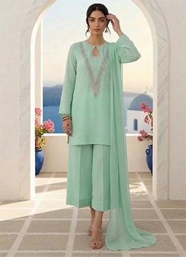 Sea Green Silk Hand Embroidered Sequins With Stone Palazzo Suit
