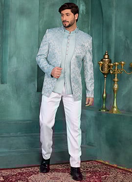 Sea Green Silk Jacquard Embroidered Jacquard Bandhgala Jacket