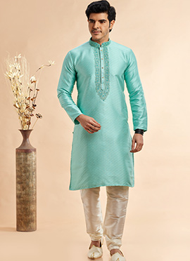 Sea Green Silk Jacquard Kurta Pyjama