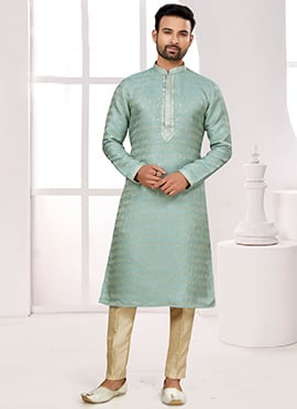 Sea Green Silk Jacquard Zari Kurta Pyjama
