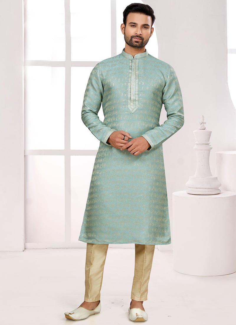 Sea Green Silk Jacquard Zari Kurta Pyjama Festive Wear