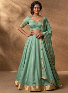 Sea Green Silk Lehenga Set With Zari Hand Embroidery