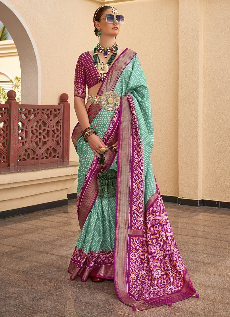 Sea Green Silk Patola And Digital Printed Saree Festive Wear