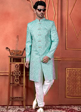 Sea Green Silk Sequins Indowestern Wedding Sherwani