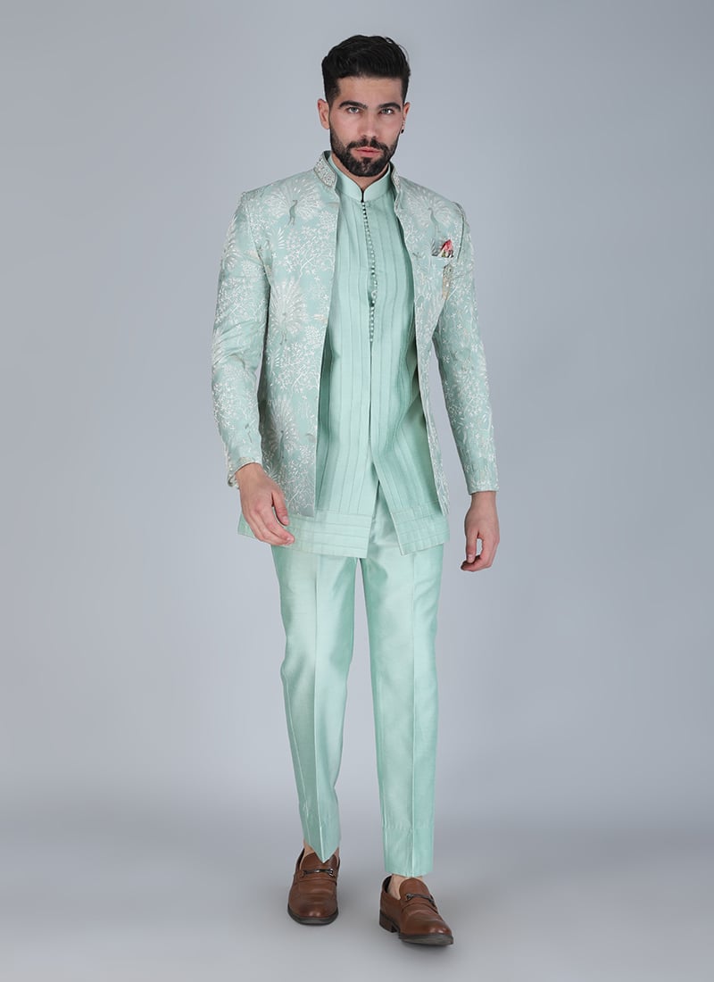 Sea Green Silk Thread Cutdana Hand Embroidered Jodhpuri Suit Wedding Wear