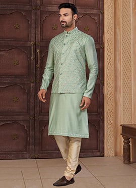Sea Green Silk Thread Embroidered Sequins And Zari Bandi Set