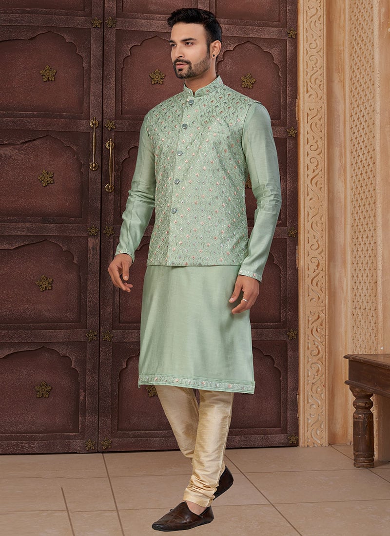 Sea Green Silk Thread Embroidered Sequins And Zari Bandi Set Festive Wear
