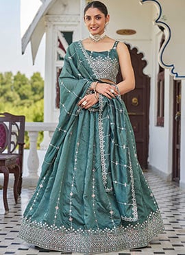 Sea Green Silk Zari Embroidered Sequins Lehenga