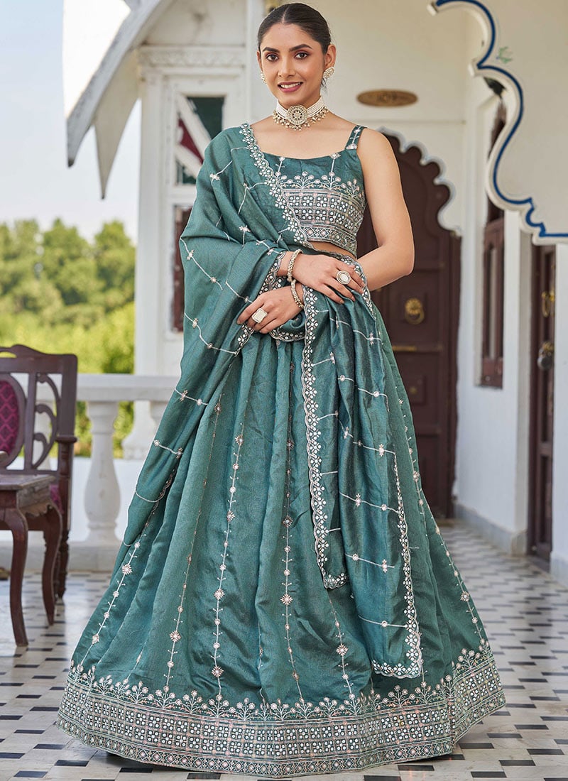 Sea Green Silk Zari Embroidered Sequins Lehenga Wedding Wear