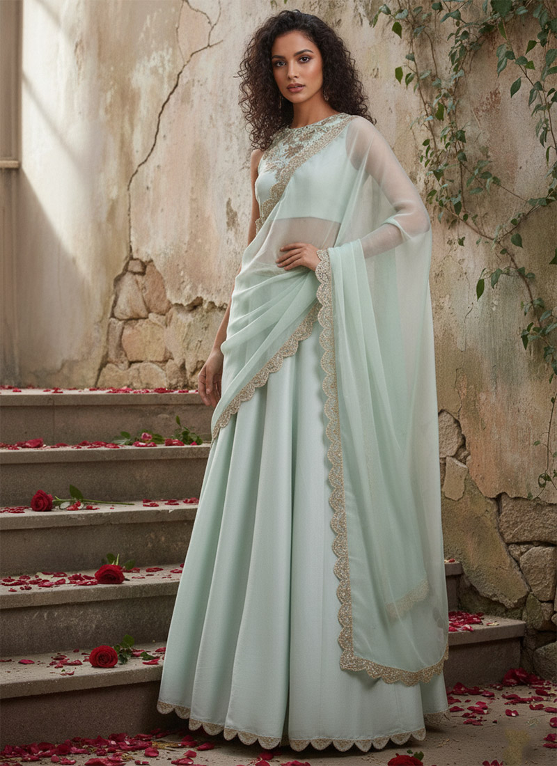 Sea Green Silk Zari Hand Embroidered Sequins Lehenga Wedding Wear