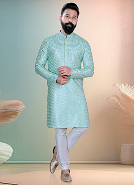 Sea Green Soft Cotton Thread Embroidered Sequins Kurta Pyjama