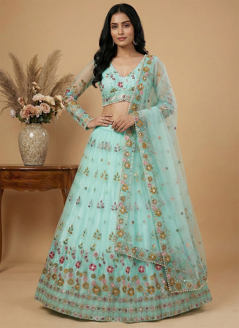 Sea Green Soft Net Sequins Embroidered Lehenga Wedding Wear