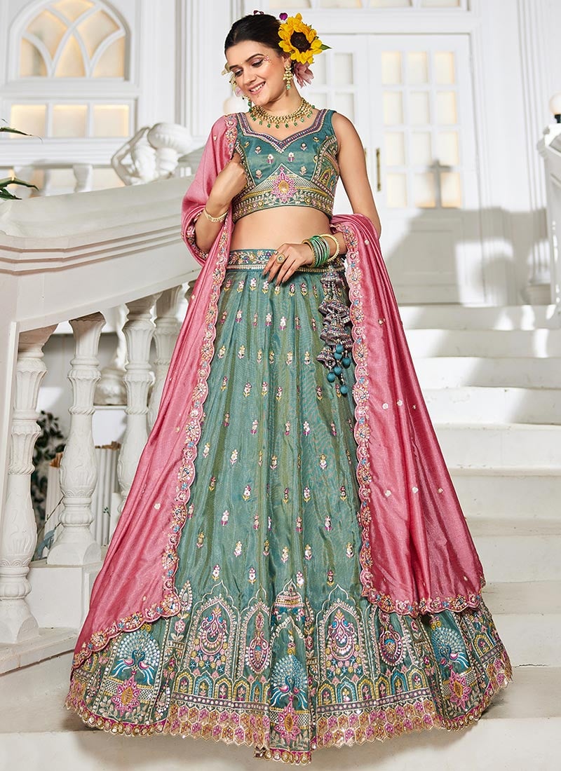 Sea Green Tissue Embroidered Sequins Lehenga Wedding Wear