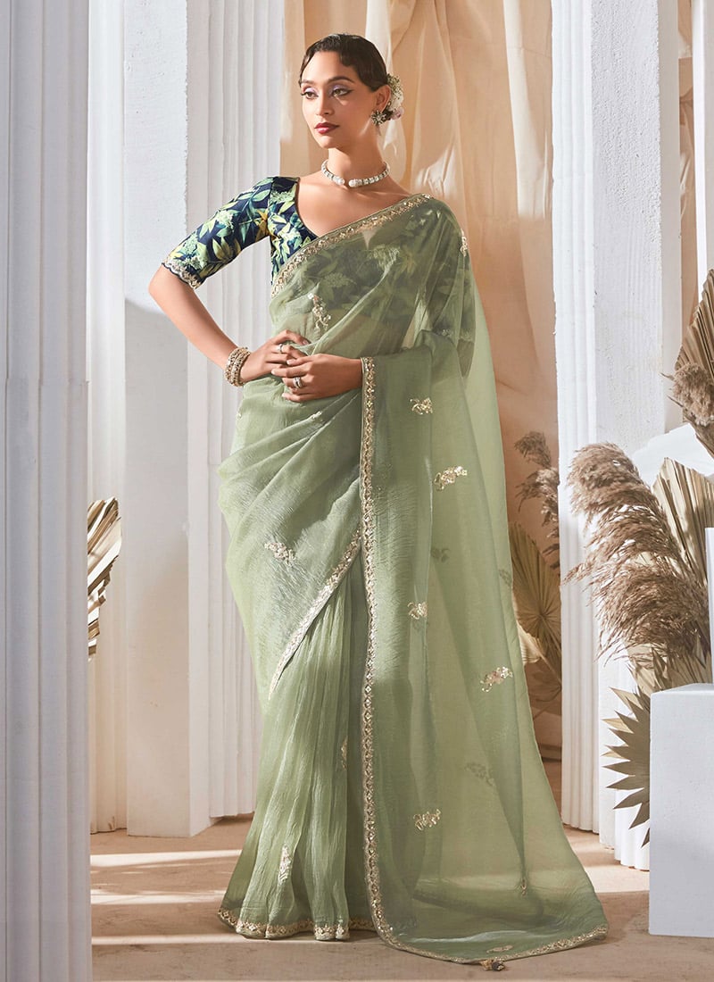 Sea Green Tissue Embroidered Sequins Saree With Digital Print Blouse Festive Wear