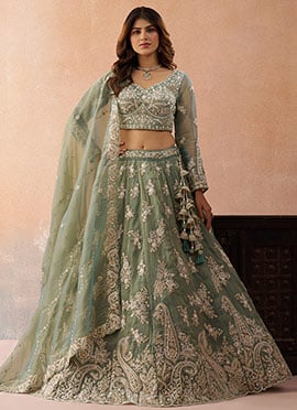 Sea Green Tissue Embroidered Sequins Zari Beads Work Lehenga