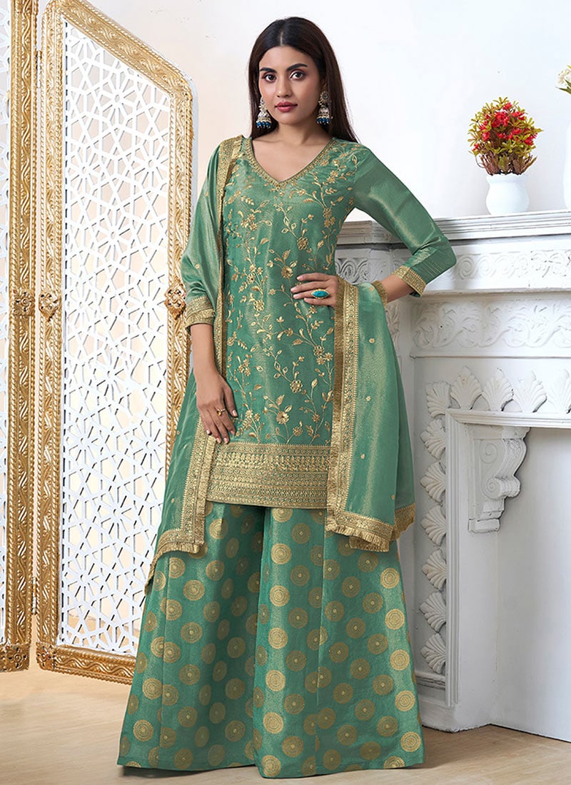 Sea Green Tissue Gold Pitta Work Palazzo Suit