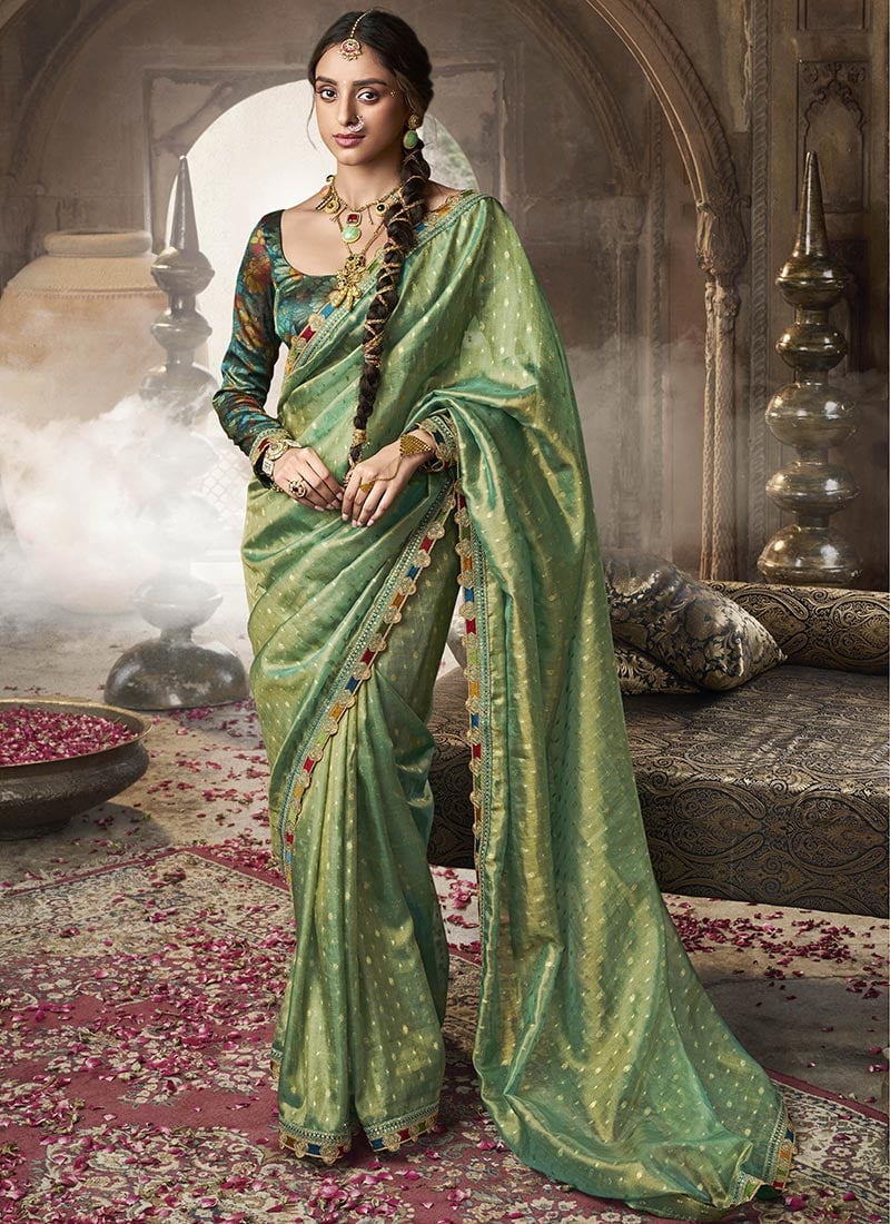 Sea Green Tissue Jacquard Zari Saree