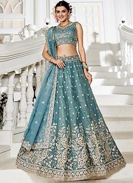 Sea Green Tissue Sequins Embroidered Zari Lehenga Set Wedding Wear