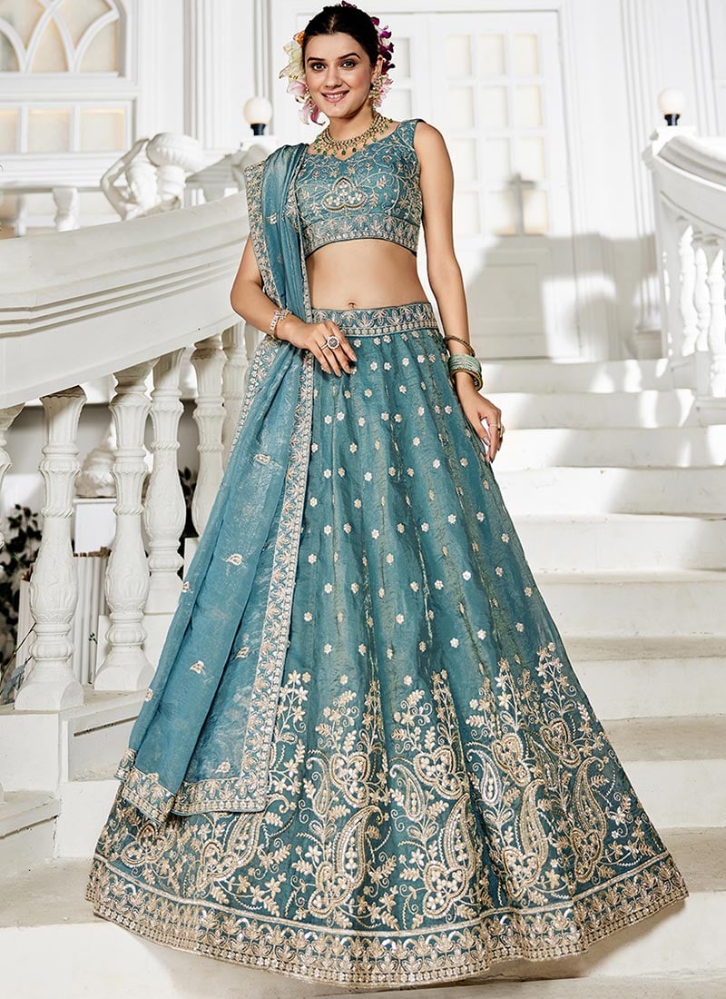 Sea Green Tissue Sequins Embroidered Zari Lehenga Set Wedding Wear