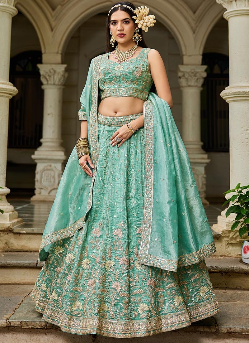 Sea Green Tissue Sequins Embroidered Zari Lehenga Set