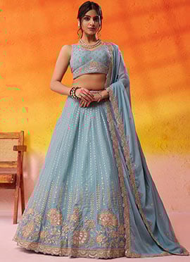 Sea Green Tissue Silk Zari Embroidered Sequins Lehenga