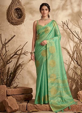 Sea Green Tissue Silk Zari Jacquard Woven Saree