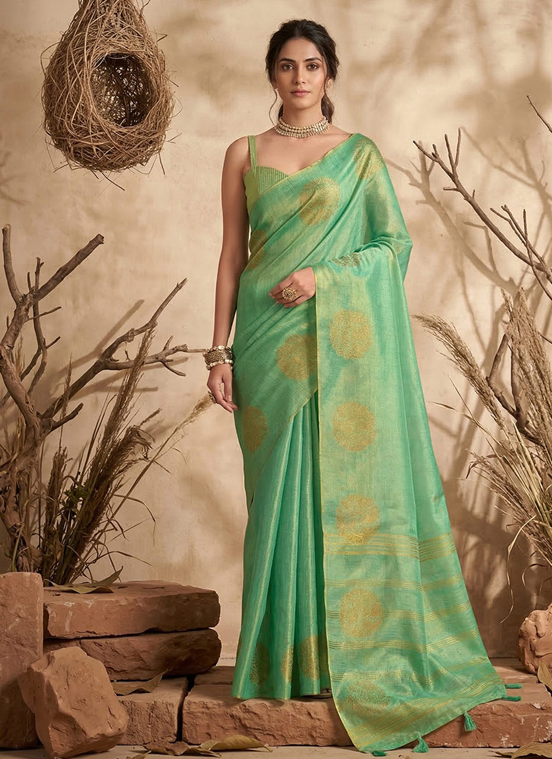 Sea Green Tissue Silk Zari Jacquard Woven Saree Festive Wear