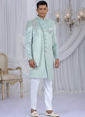 Sea Green Velvet Beads Sequins Hand Embroidered Cutdana Indowestern Sherwani Wedding Wear
