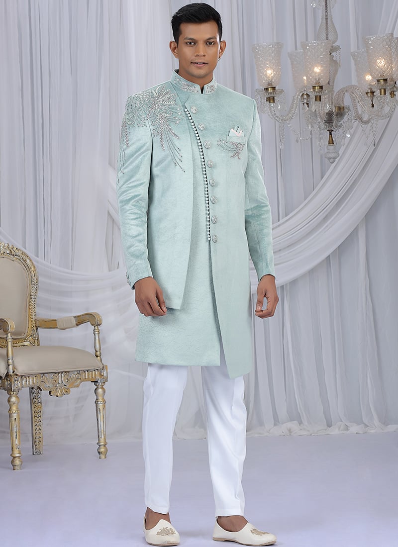Sea Green Velvet Beads Sequins Hand Embroidered Cutdana Indowestern Sherwani Wedding Wear