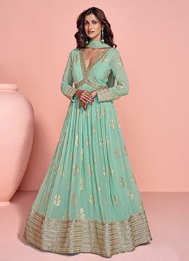 Sea Green Viscose Jacquard Silk Zardosi And Embroidered Sequins Anarkali Suit