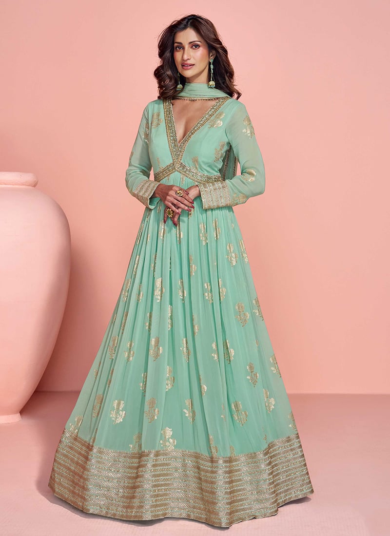 Sea Green Viscos Jacquard Silk Zardosi And Embroidered Sequins Anarkali Suit Festive Wear