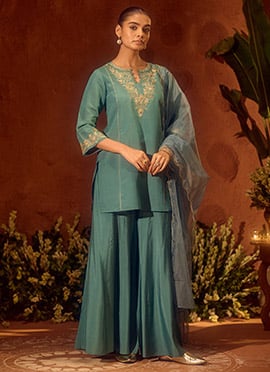 Sea Green Viscose Chanderi Embroidered Sequins Palazzo Suit