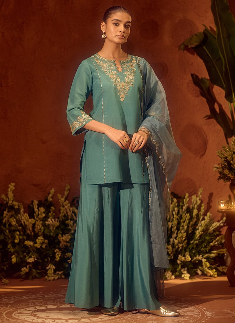 Sea Green Viscose Chanderi Embroidered Sequins Palazzo Suit Festive Wear