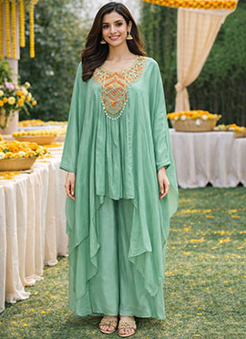 Sea Green Viscose Chinon Hand Embroidered Indowestern Sets and Suits