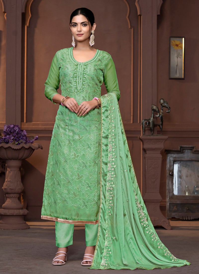 Sea Green Viscose Organza Embroidered Sequins Beads Work Straight Pant Suit Festive Wear